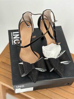 New INC International Concepts Black Bow Pointed Toe Ankle-Strap Heels size 7M